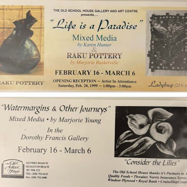 Exhibitions 1999- January to October by Leslie Allen, William Allister, Des Bevis, Eileen Fong, Dan Gray, Gerda Hoffman, Pat Holland, Pauline Pike, Peter Shostak, Bill Townsend, Jan Williamson-Henwood, Bruce deNorburn Watson, Karen Hunter, Marjorie Baskerville, Carol Wylie, Marjorie Young, Jonathon Grant, Craig Benson, Mark Hobson, Bruce Johnson, Will Julsing, Joyce Kamikura, Tom Lamont, John Ludgate, Christy Mitchell, Dorset Norwich-Young, Tracy Kobus, Jasmine Wallace, Martin Schaddelee, Mid Island floral Arts Club, Wai-Hin Law, Fred Peters, Gary Cherneff, Frank Gough, Marie-Pierre Schliewinsky, Esther R. Drone, Ev Gregory, Linda Williamson, Darlene Campbell, Image 3.