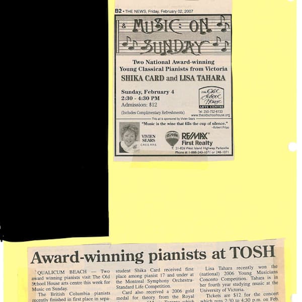 Award Wining Pianists at TOSH- News article 2007 by Shika Card, Lisa Tahara, Image 2.
