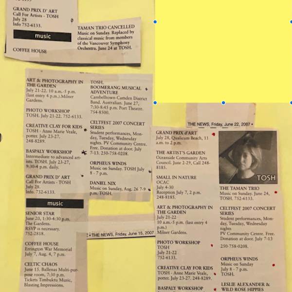 Arts Line-up July 2007 by Daniel Nix, Anne Marie Veale, Taman Trio, Vancouver Symphony Orchestra, Cambelltown-Camden District Band, Jim Morretti, orpheus winds, Celtic Chaos, Timbuktu Music, Leslie Alexander, Wild Rose Hippies, Zachary Stevenson, Shanti Sound System, Ken Lavigne, Image 1.