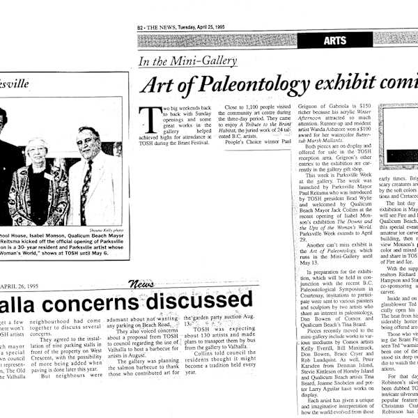 Art of Paleontology exhibit coming to TOSH by Larry Aguilar, Jack Collins, Isabel Monson, Paul Reitsma, Brad Wylie, Paul Grignon, Wanda Ashmore, Dan Bowen, Tina Beard, Kelly Everill, Bill Maximuck, Don Bowen, Bruce Cryer, Rob Lundquist, Peter Karsden, Stevie Kittleson, Joanne Snobelen, Richard Goldney, Bruce Hampson, Stu Sands, Heather Joy Robinson, Gordon Henschel, Toni Onley, Marlys Diamond, Image 1.