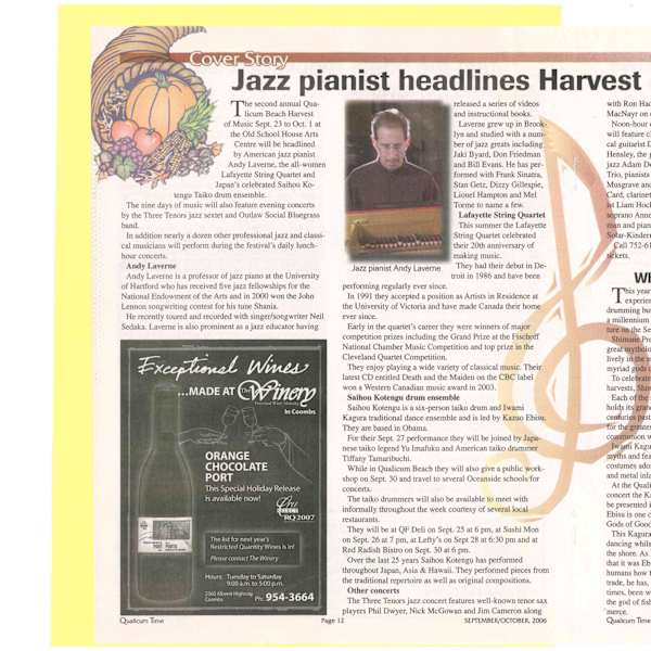 Jazz pianist headlines Harvest of Music by Adam Dobres Trio, Anne Bateman, Jim Cameron, Shika Card, Phil Dwyer, Ron Hadley, Douglas Hensley, Liam Hockley, Yu Imafuku, Nick McGowan, Kevin Musgrave, Eva Solar-Kinderman, Andy Laverne, Joey Smith, Kelby MacNayr, Image 1.