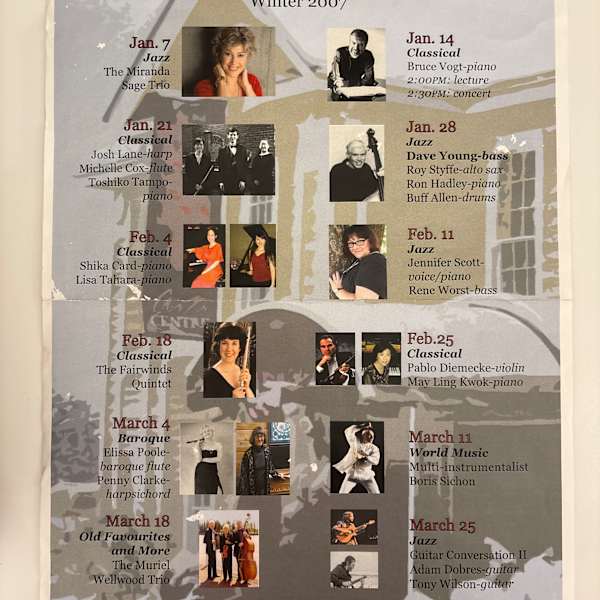 Music on Sundays Winter 2007-2017 by Miranda Sage Trio, Buff Allen, Shika Card, Penny Clarke, Michelle Cox, Pablo Diemecke, Adam Dobres, Ron Hadley, May Ling Kwok, Josh Layne, Elissa Poole, Miranda Sage, Jennifer Scott, Boris Sichon, Roy Styffe, Lisa Tahara, Toshiko Tampo, Bruce Vogt, Muriel Wellwood, Tony Wilson, Rene Worst, Dave Young, Bijoux du Bayou, Erik Abbink, Tom Ackerman, Laura Backstrom, Tony Booker, Borgy Borgerson, Emily Braden, Ken Broadway, Kenneth Broadway, Mary Byrne, Ann Elliot-Goldschmid, Karen Enns, Brenda Fedoruk, Jane Hayes, Liam Hockley, Francois Houle, Cris Inguanti, Rachel Iwaasa, Rachel Kiyo Iwaasa, Daryl Jahnke, Tom Keenlyside, Kurt Kellan, Rick Kilburn, Alexandria Le, Ken Lister, Roger Mangas, Michelle Mares, Devon McCagherty, Nick McGowan, Mark McGregor, Mark McGregor, Pat Milano, Julian Milkis, Lorraine Min, Daniel Nix, Donald Oehler, Alex Olson, Heather Pawsey, Monica Pfau, Alexandra Pohran-Dawkins, Mathew Poon, Matthew Poon, Kate Rhodes, Michelle Richard, Kara Routley, Arthur Rowe, Eugene Skovirodnikov, Joey Smith, Sharon Stanis, Wendy Stofer, Nola Strand, Ross Taggart, Avan Yu, Tom Colclough, Jamie Croil, Sara Davis Buechner, Bill Hicks, Victor Kuleshov, Anna Levy, Diane Lines, Susan Pascal, Clare Yuan, Frances Armstrong, Allison Au, Tina Chang, Alexander Dawkins, Rebecca Hissen, Kristin Hoff, Antione Joubert, May-Ling Kwok, Hugues Leclere, Pierre-Andre Doucet, Vince Mai, Scott Meek, Geronimo Mendoza, Becky Noble, Emily Yu, Sara Airoldi, Dale Barltrop, Patricia De Gabrielle, Patrick De Gabrielle, Massimo Folliero, Grace Huang, Michael Jones, Maureen Washington, Nicholas Wright, Sarah Tradewell, Mark Anderson, Jadon Cutmore, Aliayta Goon-dancoes, Marco Grieco, Jenny Gunter, Pamela Highbaugh Aloni, Robert Holliston, Louise Hung, Rebecca Kilgore, Andrea L’Heureux, Vivian Lou, Rosemary O’Connor, Charlie Porter, Reginald Quiring, Craig Scott, Rick Scott, Sherri Ulrich, Anna Vavilova, Antoine Joubert, Suzanne, Stephanie Bell, Evelyn Brendon, Alexander Dunn, Sarah Fryer, Ivonne Hernandez, Michael Jarvis, Tad Ruszel, Yoomi Snizek, Soile Stratkauskas, Barry Tan, Chris Wallace, Image 1.