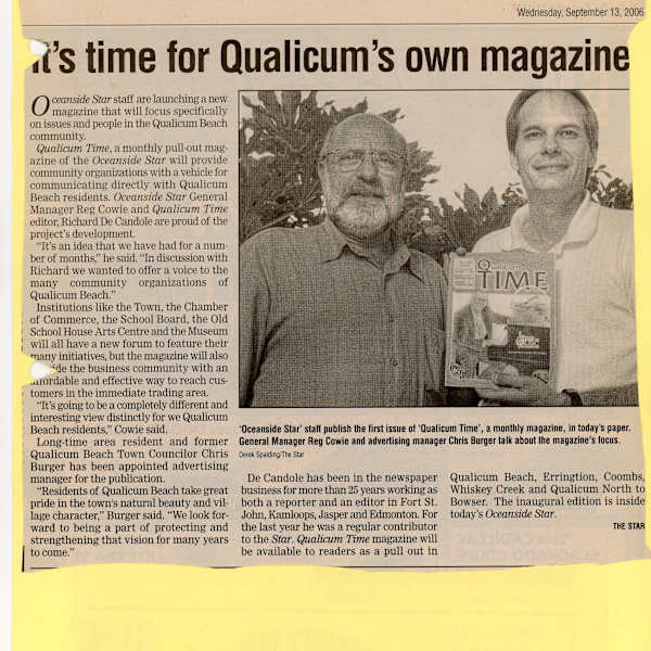 Newspaper clipping- It's Time for Qualicum's own Magazine- 2006 by Reg Cowie, Chris Burger, Richard De Candole, Image 1.