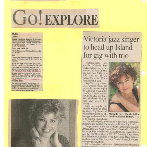 Go! Explore - music by Victoria Symphony Orchestra, Nikki Chooi, Tania Miller, Velvet, Casey Ryder, The Swinging Bachelors, Baston Jazz Band, CanUS Hot Jazz Band, Miranda Sage Trio, Tragically Hip, The Sadies, Miranda Sage, Swiftsure Big Band, Hugh Fraser, Hugh Fraser International Big Band, Port Townsend Jazz Festival Big Band, Don Thompson, Campbell Ryga, Ken Lister, Dave Robbins, Jack Duncan, Dave Brubeck, Image 1.