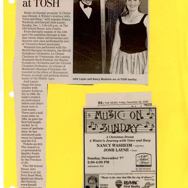Soprano and harp at TOSH/ TOSH hosts duo- News articles 12/2008 by Josh Layne, Nancy Washeim, Image 1.