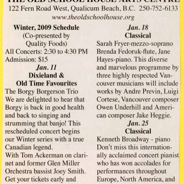 Music on Sunday winter 2009 by Borgy Borgerson Trio, Tom Ackerman, Joey Smith, Sarah Fryer, Brenda Fedoruk, Jane Hayes, Kenneth Broadway, Image 1.
