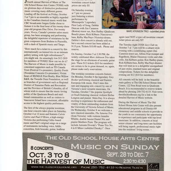 Harvest of Music - 2008 by Mark Atkinson Trio, The Saturna Trio, Tony Booker, Calvin Cairns, Jim Cameron, Blaine Dunaway, Debbie Duncan, Alfons Fear, Ron Hadley, Jim Kilburn, Rick Kilburn, Kelby MacNayr, Daniel Nix, Paul O'Brien, Matthew Poon, Jennifer Whittle, Viveza, Hollas Longton, Shira Day, Image 1.