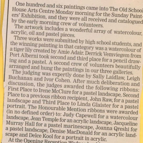 Sunday Painters works judged by Genevieve Brown, Leigh Buchanan, Ivor Cohen, Denise MacDonald, Man Mohan, Joanna Qureshi, John Raw, Amie Adair, Derrick Vemviegem, Sally Laidlaw, Irene McClure, Linda Glaister, Judy Capewell, Jean Temple, Jacqueline Murray Hall, Image 1.