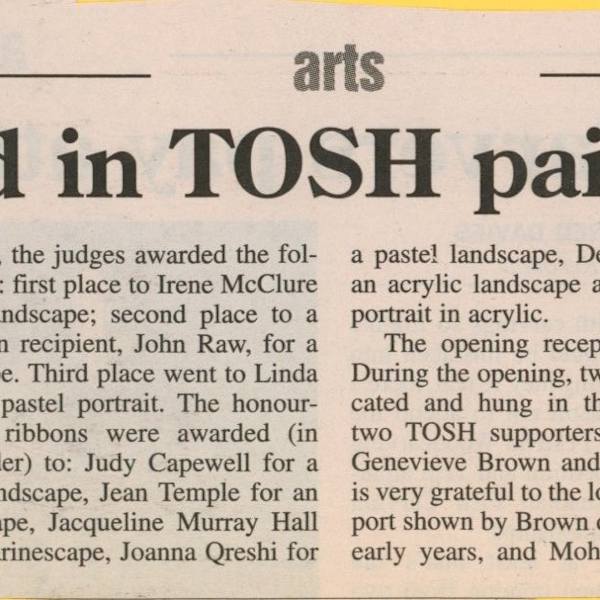 Winners named in TOSH painters' exhibition by Amie Adair, Leigh Buchanan, Judy Capewell, Ivor Cohen, Linda Glaister, Sally Laidlaw, Denise MacDonald, Irene McClure, Jacqueline Murray Hall, Joanna Qureshi, John Raw, Jean Temple, Delce Kool, Image 1.