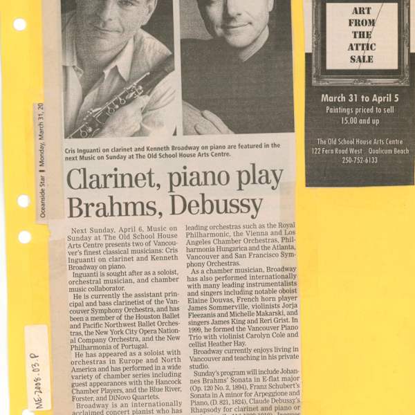 Clarinet, piano play Brahms, Debussy by Cris Inguanti, Kenneth Broadway, Image 2.