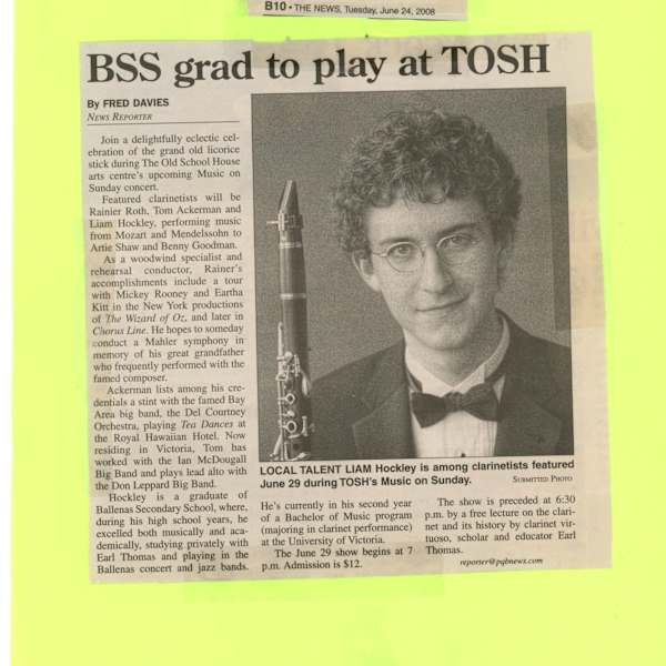 BSS grad to play at TOSH by Liam Hockley, Fred Davies, Rainier Roth, Tom Ackerman, Artie Shaw, Benny Goodman, Earl Thomas, Patricia Kostek, Rebecca Fischer, Tony Booker, Vivien Sears, Ron Hadley, Alex Olson, Image 2.