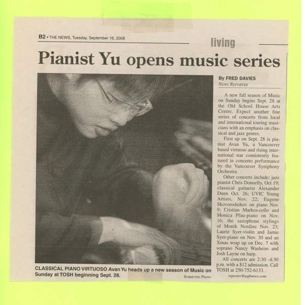 Pianist Yu opens music series by Fred Davies, Avan Yu, Chris Donnelly, Alexander Dunn, Eugene Skovorodnikov, Cristian Markos, Monica Pfau, Monik Nordine, Laurie Syer, Jamie Syer, Nancy Washeim, Josh Layne, Vivien Sears, Image 1.
