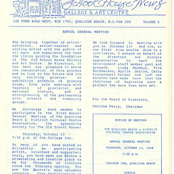 Newsletter Volume#2 Fall/Winter 1988 by Jo Merrill, Cecil Dawson, Signy Cohen, Elaine Duncan, Don Emerson, Bege Johnston, Jason Marlow, Francois Mongeau, Buster Wilson, Pat Audley, Roland Marion, Evelyn Scott, Cecile Vanwoensel, John Michener, Pat Thompson, Ed Nemeth, Brian Anderson, Peggy Burkosky, Gillian Crawley, Antonia Olak, Zbigniew Olak, Pauline Pike, Jim Roscoe, Kristeen Verge, Steven Haines, Image 1.