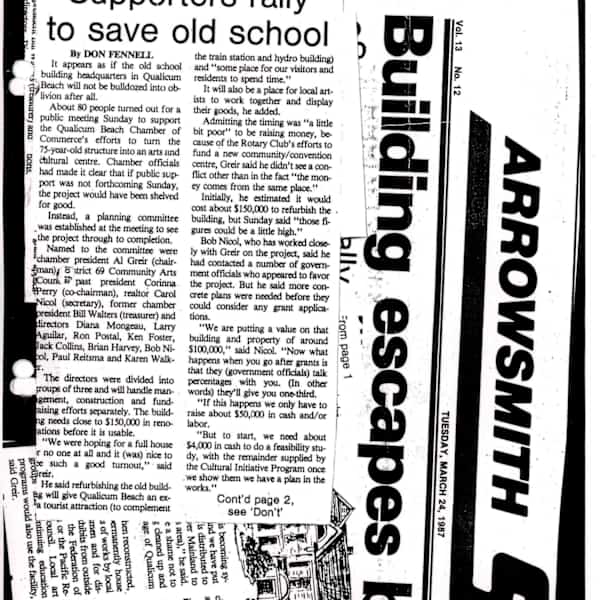 Building escapes bulldozer by Larry Aguilar, Jack Collins, Ken Foster, Al Grier, Brian Harvey, Diana Mongeau, Bob Nichol, Carol Nicol, Corrina Perry, Ron Postl, Paul Reitsma, Karen Walker, Bill Walters, Don Fennell, Corinna Perry, Image 1.