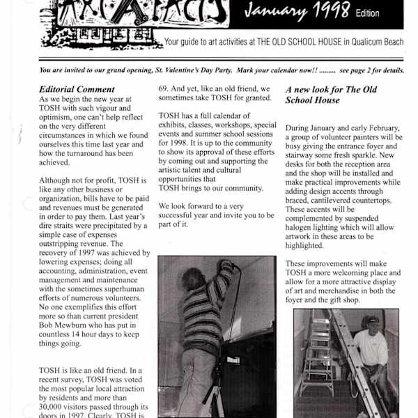 Newsletters 1996: Art in Action and 1998: Art-A-Facts by Mary Leigh Campbell, Dan Gray, Gerda Hofman, Nancy Kruyt, Deborah Maddocks, Anne Marie Veale, Larry Stubbins, Don Mervin, Chris Warren, Shirley McGill, Lyndsay Gibbons, Doug Folkins, Dianne Upper, Bill Rhone, lou Roelofsen, Jesi Barron, joyce burns, Marguerite Stevens, June Boggs, Bob Hunt, Larry Lewis, bill grant, Roger Schrameyer, Rose-Marie Winsby, Bud Tillotson, penny Antifave, Jill gooden, Martin Bradpiece, Audrey Cameron, Dorothy Francis, Pauline Pike, Evelyn Scott, Marge Campbell, Charolette Campbell, Bruce Cryer, Gwen Curry, Carol Frank, Jane Garcia, Lenore Hellum, Kiff Holland, Joyce Kamikura, Renee Wilson, Bill Luchtmeijer, Wendy Saville Wilkes, Bonnie Klein, Frank Sudol, Muriel Patterson, Wendy Robson, Louise Slobodan, Gail Rankin, Mary Peake, Dave Sheppard, Gill Kanachowski, Flo Peel, Susan Murrell, Mary Effa, Larry Aquilar, Hugh Carter, Marjorie Gueho, Yvonne Hooper, Nancy Kruyt, Jason Marlow, Bob Mewburn, Deanne Pilchak, Cheryl Rimmer, Edna Wood, Marlys Robinson, Carole Goodwin, Wilma Richardson, Ray Ludford, Doris Ritchie, Joan O'Ryan, Sally Chard, Linda Reid, Marlyn Swail, Dixie Deans, Deborah Maddocks, Darlene Kellett, Ruth MacKenzie, Bryan Kanarens, Daphne Kellett, William Allister, Colleen Butcher, Frank Gough, Ted Jolda, Horst Lowell, Tom McIver, Edie Miller, Carmen Mongeau, Keith Smith, Sheila Steele, Elsemarie Wilson, Naomi Cairns, Dale McEwan, Larry Jacobson, Stan Hagen, Daniel Lapp, Susan Minchin, Dixie Deans, Don Emerson, Norma Emerson, Rosemarie Gall, Pat Hart, Bill McKibbin, Brad Wylie, William Allsister, Graeme Shaw, Sherry Lee, Mehdi Naimi, Loraine Veysey, Des Bevis, Dan Gray, Pat Holland, Lynn Orriss, Fred Peters, Isabelle Sevrsain, Wanda Ashmore, Gina Harris, Isabelle Marchand, Robin La Pleur, Image 1.
