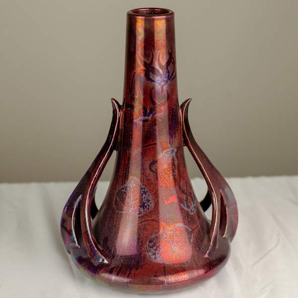 Lustre Iridescent Art Nouveau Leaf and Flower Pattern Vase by Delphin Massier, Vallauris, Image 1.