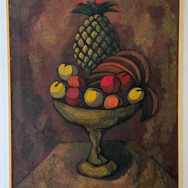 Mexican Modernist Still Life Oil Painting Mid 20th Century "Bodegon Fruitas" by Andres Molinares, Image 1.