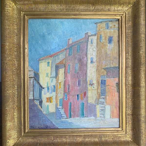 1920s "Sunlit Street" Oil Painting Hildegard Hamilton by Hildegard Hamilton, Image 1.