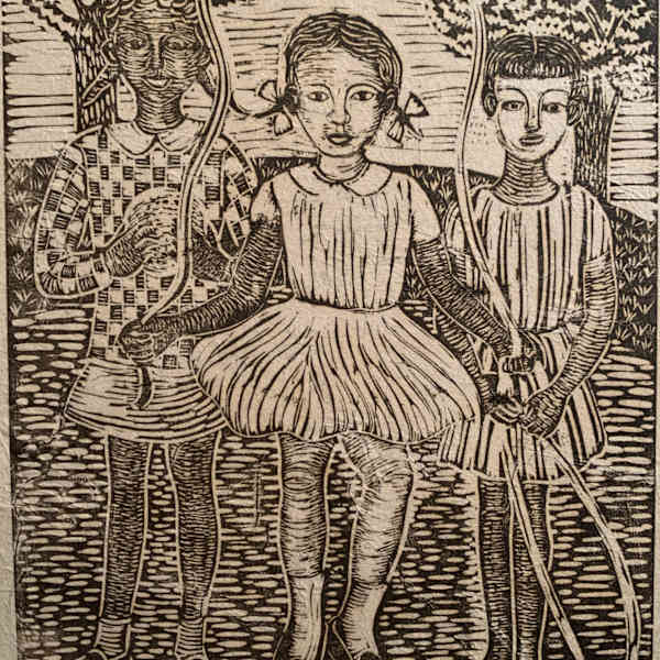 1960 Linocut "3 Girls Playing" Margaret T Burroughs by Margaret Burroughs, Image 1.