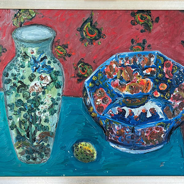 1980s Impasto Still Life with Bowl & Vase Painting Nobu Nakamura by Nobu Nakamura, Image 2.