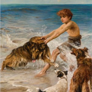 A Young Boy Playing with Dogs in the Sea by Arthur Wardle