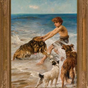 A Young Boy Playing with Dogs in the Sea by Arthur Wardle 