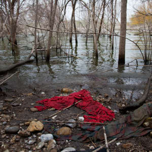 Red Blanket and Plaid Shirt in the Rio Grande (Cobija roja y camisa a cuadros dentro del río Brav... by Susan Harbage Page
