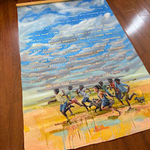 The Race by April Claggett  Image: April Claggett 
The Race, 2020 
oil on canvas, 60” x 96”  
Text from Apartheid court transcriptions  
of racial re- assignment cases. 30+  
phrases such as “how high is your bed  
off the floor” and “do you play soccer or  
do you play rugby” permeate the sky. 
