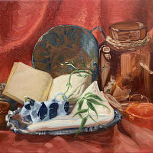 williams, oil painting, 2023, still life with cow by Bennie Williams