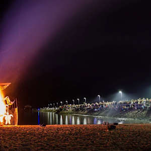 Fire sculpture by Danièle Lamarche-Sarvia neo figurativism, figurative expressionism  painter  Image: the organisers were overwhelmed 10,000 people came over to Wynnum the night all Brisbane came and they had no proper infrastructure for that they were a sad bunch 
