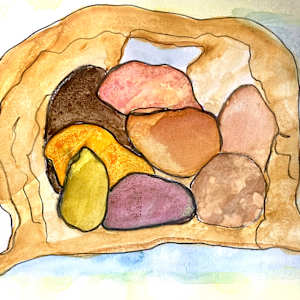 Potatoe Blues by Danièle Lamarche-Sarvia neo figurativism, figurative expressionism  painter  Image: sketch #3 on cartridge 260 gsm watercolour for sale 