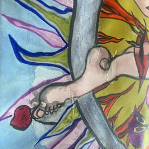 The Circle of Fire by Danièle Lamarche-Sarvia neo figurativism, figurative expressionism  painter  Image: the fringe ,he is almost out of danger the feet are out of the circle