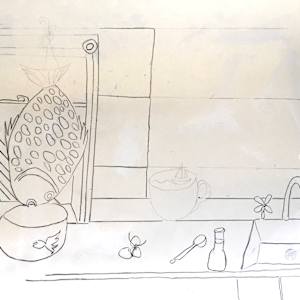 A Fishy Affair by Danièle Lamarche-Sarvia neo figurativism, figurative expressionism  painter  Image: fun composition a bit of improvisation the dead fish looks at the fish bowl and a sail boat in a cup its a bit like a tempest in a tea cup.....