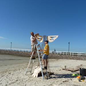 Fire sculpture by Danièle Lamarche-Sarvia neo figurativism, figurative expressionism  painter  Image: it was sunny all day no sign of rain and Peter Ogle came to assist and offer coffee, he pass away in 2014