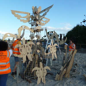 Fire sculpture by Danièle Lamarche-Sarvia neo figurativism, figurative expressionism  painter  Image: each element has holes that stand as design but mostly will be for the fire to rise and grow at night once its light up it will dance with flames going through 