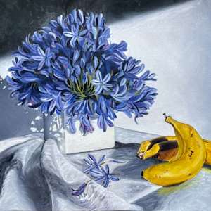 Blue agapanthus and bananas by Pam Wardner