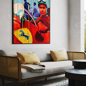 "Fangio at Ferrari – Mastery in Red" by Artist Allan Buch  Image: Fangio - Ferrari painting on wall gallery 120 x 120 cm