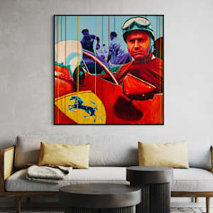 "Fangio at Ferrari – Mastery in Red" by Artist Allan Buch  Image: Fangio - Ferrari painting on wall gallery 120 x 120 cm