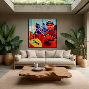"Fangio at Ferrari – Mastery in Red" by Artist Allan Buch  Image: Fangio - Ferrari painting on wall gallery 120 x 120 cm