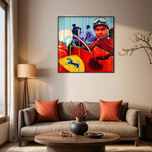 "Fangio at Ferrari – Mastery in Red" by Artist Allan Buch  Image: Fangio - Ferrari painting on wall gallery 120 x 120 cm