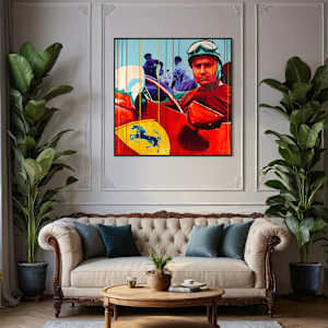 "Fangio at Ferrari – Mastery in Red" by Artist Allan Buch  Image: Fangio - Ferrari painting on wall gallery 120 x 120 cm