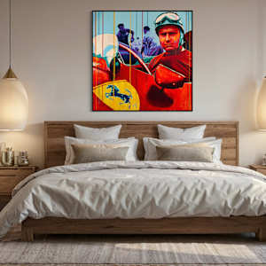 "Fangio at Ferrari – Mastery in Red" by Artist Allan Buch  Image: Fangio - Ferrari painting on wall gallery 120 x 120 cm