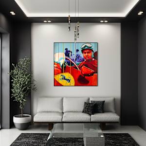 "Fangio at Ferrari – Mastery in Red" by Artist Allan Buch  Image: Fangio - Ferrari painting on wall gallery 120 x 120 cm