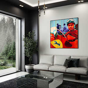 "Fangio at Ferrari – Mastery in Red" by Artist Allan Buch  Image: Fangio - Ferrari painting on wall gallery 120 x 120 cm