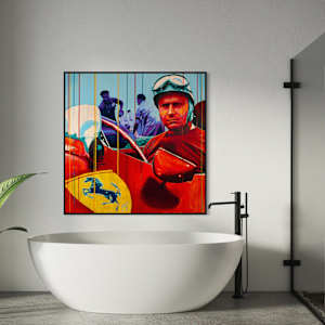 "Fangio at Ferrari – Mastery in Red" by Artist Allan Buch  Image: Fangio - Ferrari painting on wall gallery 120 x 120 cm