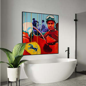 "Fangio at Ferrari – Mastery in Red" by Artist Allan Buch  Image: Fangio - Ferrari painting on wall gallery 120 x 120 cm