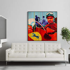 "Fangio at Ferrari – Mastery in Red" by Artist Allan Buch  Image: Fangio - Ferrari painting on wall gallery 120 x 120 cm