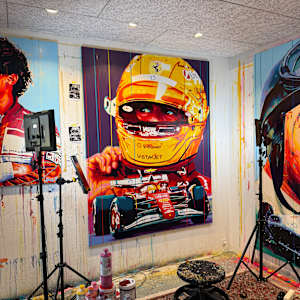 "Hamilton – The Red Chapter Begins" by Artist Allan Buch  Image: Lewis Hamilton - Ferrari painting Work in progress 
