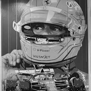 "Hamilton – The Red Chapter Begins" by Artist Allan Buch  Image: Lewis Hamilton - Ferrari painting
Black and white photo