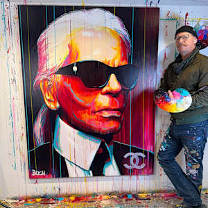 Karl Lagerfeld – The Icon Reimagined by Artist Allan Buch  Image: Karl Lagerfeld and Allan Buch in the studio
